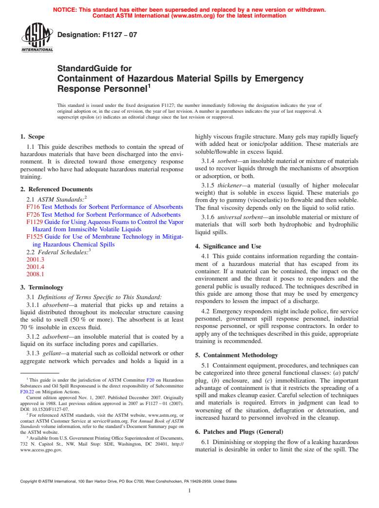 ASTM F1127-07 - Standard Guide for Containment of Hazardous Material Spills by Emergency Response Personnel