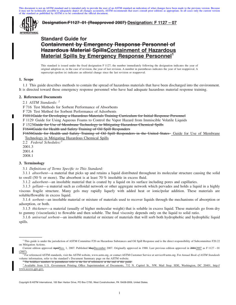 REDLINE ASTM F1127-07 - Standard Guide for Containment of Hazardous Material Spills by Emergency Response Personnel