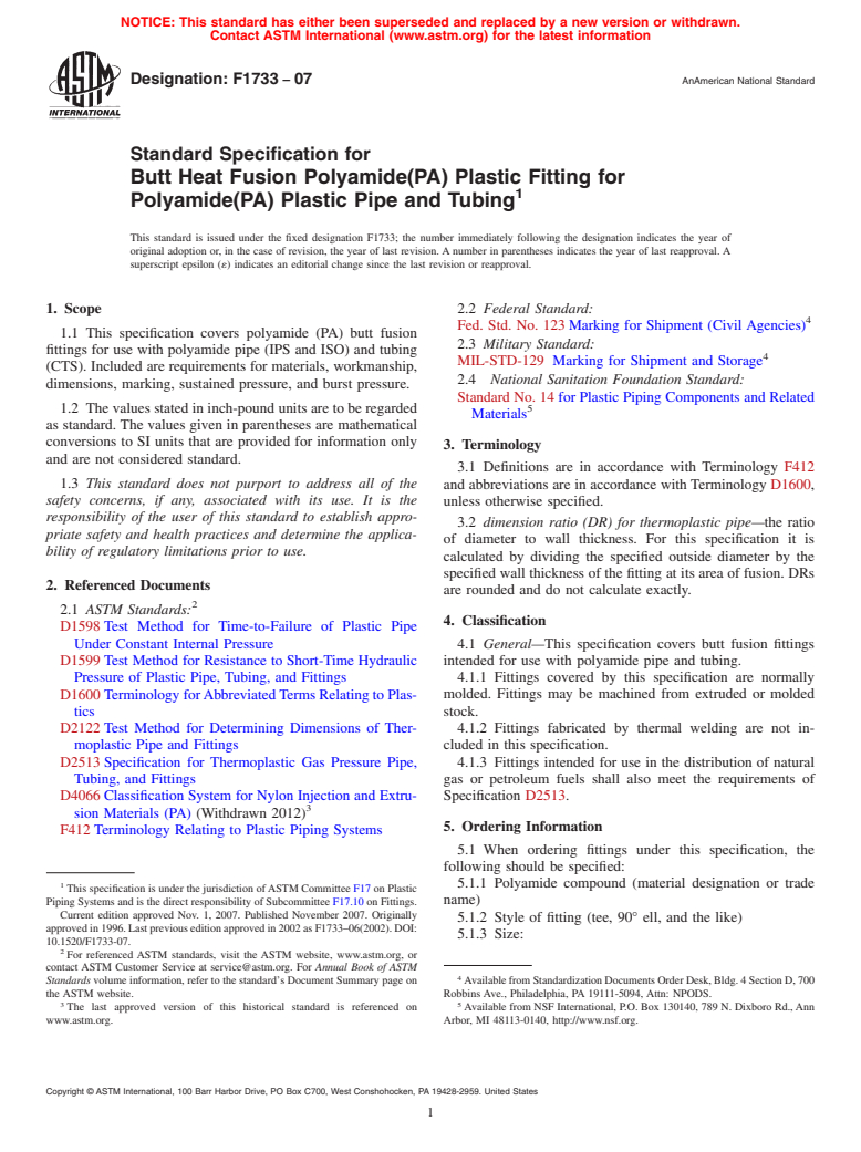 ASTM F1733-07 - Standard Specification for Butt Heat Fusion Polyamide(PA) Plastic Fitting for Polyamide(PA) Plastic Pipe and Tubing