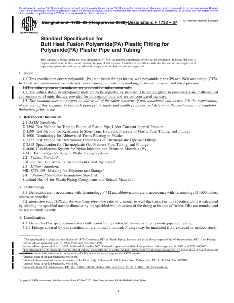 REDLINE ASTM F1733-07 - Standard Specification for Butt Heat Fusion Polyamide(PA) Plastic Fitting for Polyamide(PA) Plastic Pipe and Tubing