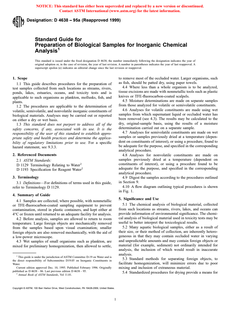 ASTM D4638-95a(1999) - Standard Guide for Preparation of Biological Samples for Inorganic Chemical Analysis