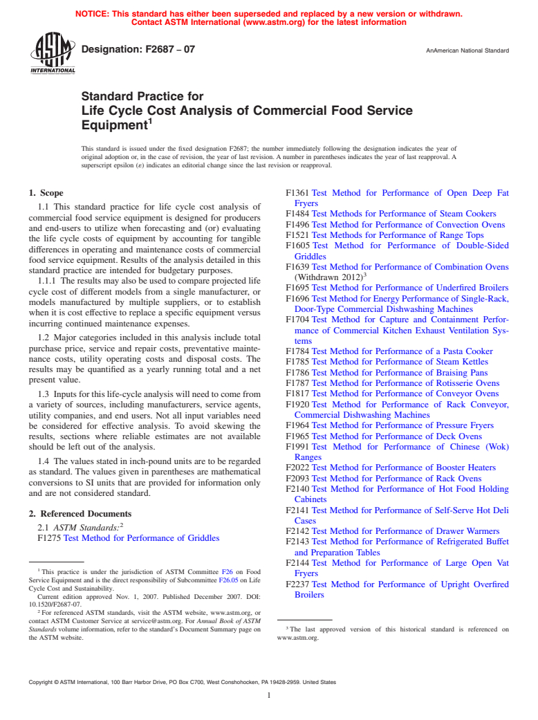 ASTM F2687-07 - Standard Practice for Life Cycle Cost Analysis of Commercial Food Service Equipment