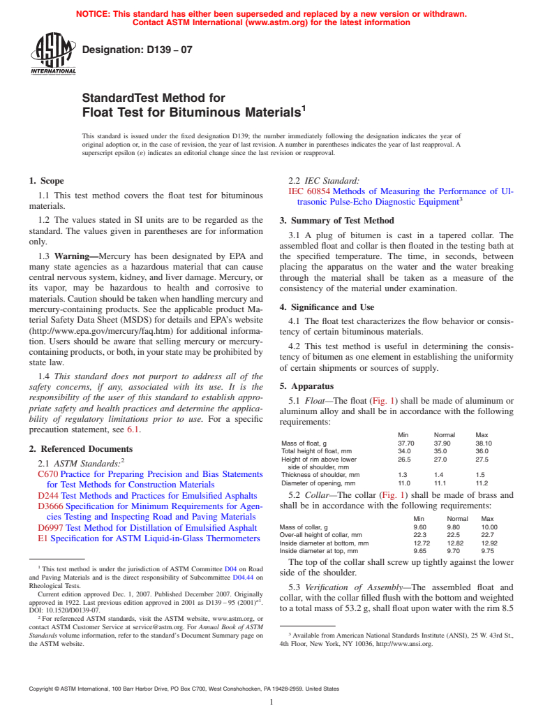 ASTM D139-07 - Standard Test Method for  Float Test for Bituminous Materials
