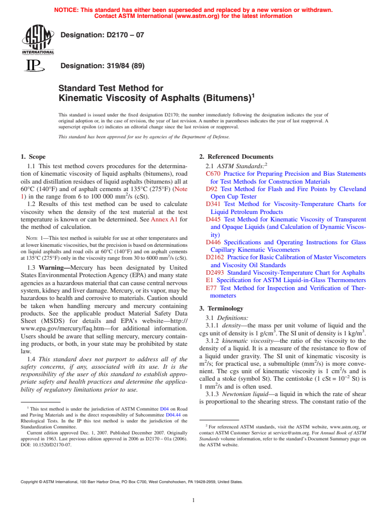 ASTM D2170-07 - Standard Test Method for  Kinematic Viscosity of Asphalts (Bitumens)