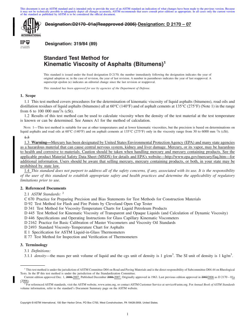 REDLINE ASTM D2170-07 - Standard Test Method for  Kinematic Viscosity of Asphalts (Bitumens)