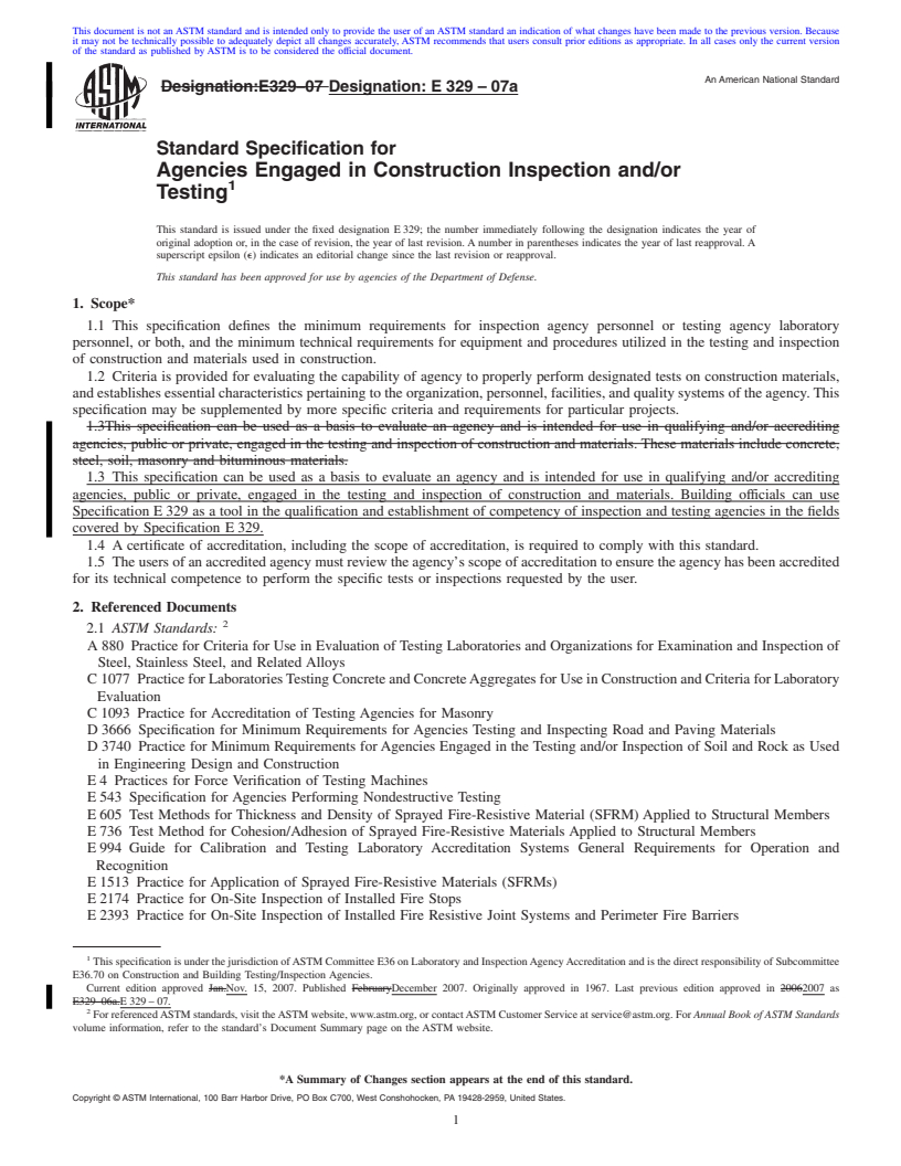 REDLINE ASTM E329-07a - Standard Specification for Agencies Engaged in Construction Inspection and/or Testing