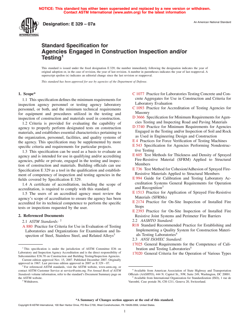 ASTM E329-07a - Standard Specification for Agencies Engaged in Construction Inspection and/or Testing