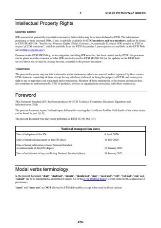 SIST EN 319 412-5 V2.3.1:2020 ETSI EN 319 412-5 V2.3.1 (2020-04) - Electronic Signatures and Infrastructures (ESI); Certificate Profiles; Part 5: QCStatements - Page 4 preview