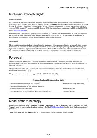 SIST EN 319 412-5 V2.3.1:2020 ETSI EN 319 412-5 V2.2.3 (2020-01) - Electronic Signatures and Infrastructures (ESI); Certificate Profiles; Part 5: QCStatements - Page 4 preview
