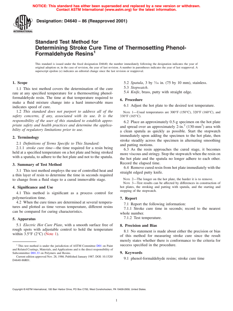 ASTM D4640-86(2001) - Standard Test Method for Determining Stroke Cure Time of Thermosetting Phenol-Formaldehyde Resins