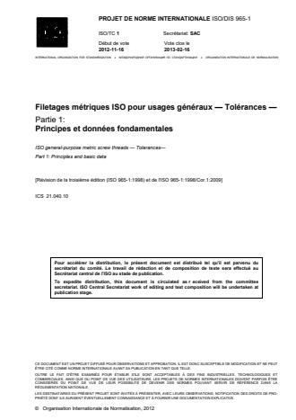 ISO 965-1:2013 - Filetages métriques ISO pour usages généraux -- Tolérances