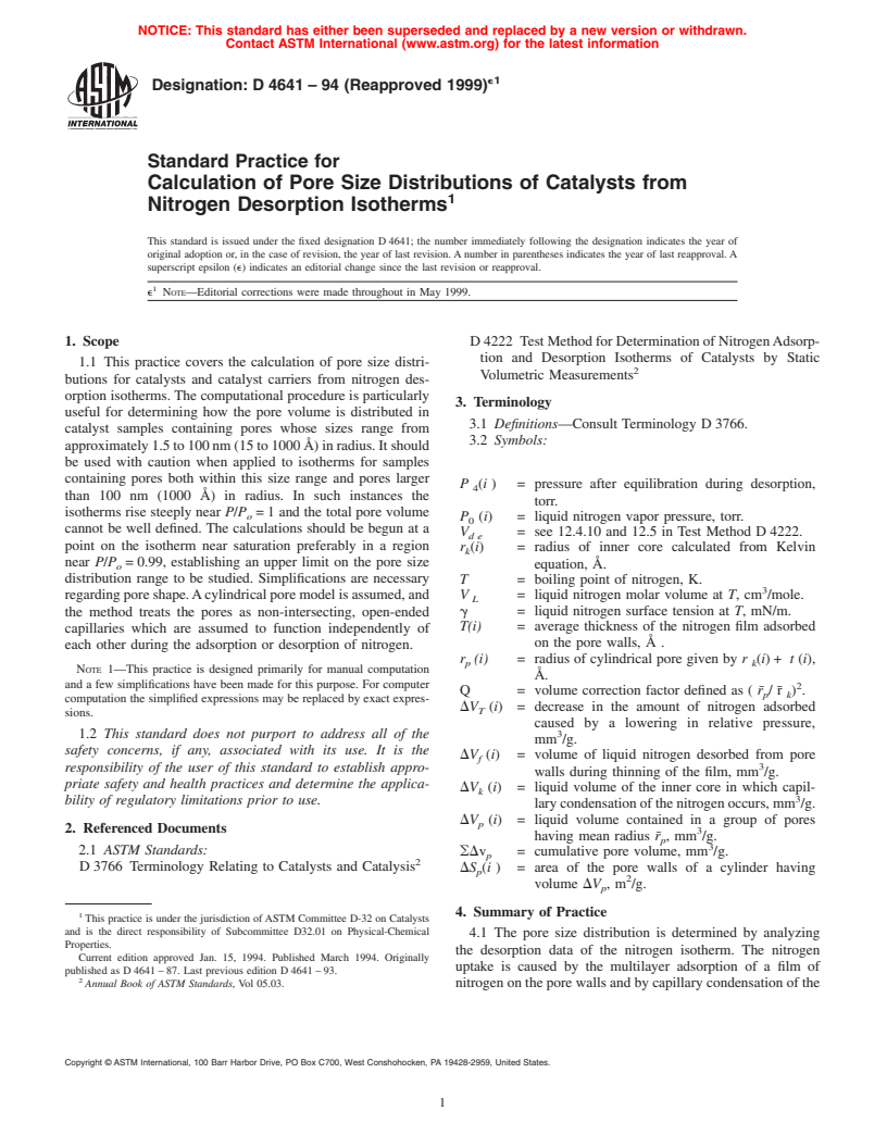 ASTM D4641-94(1999)e1 - Standard Practice for Calculation of Pore Size Distributions of Catalysts from Nitrogen Desorption Isotherms