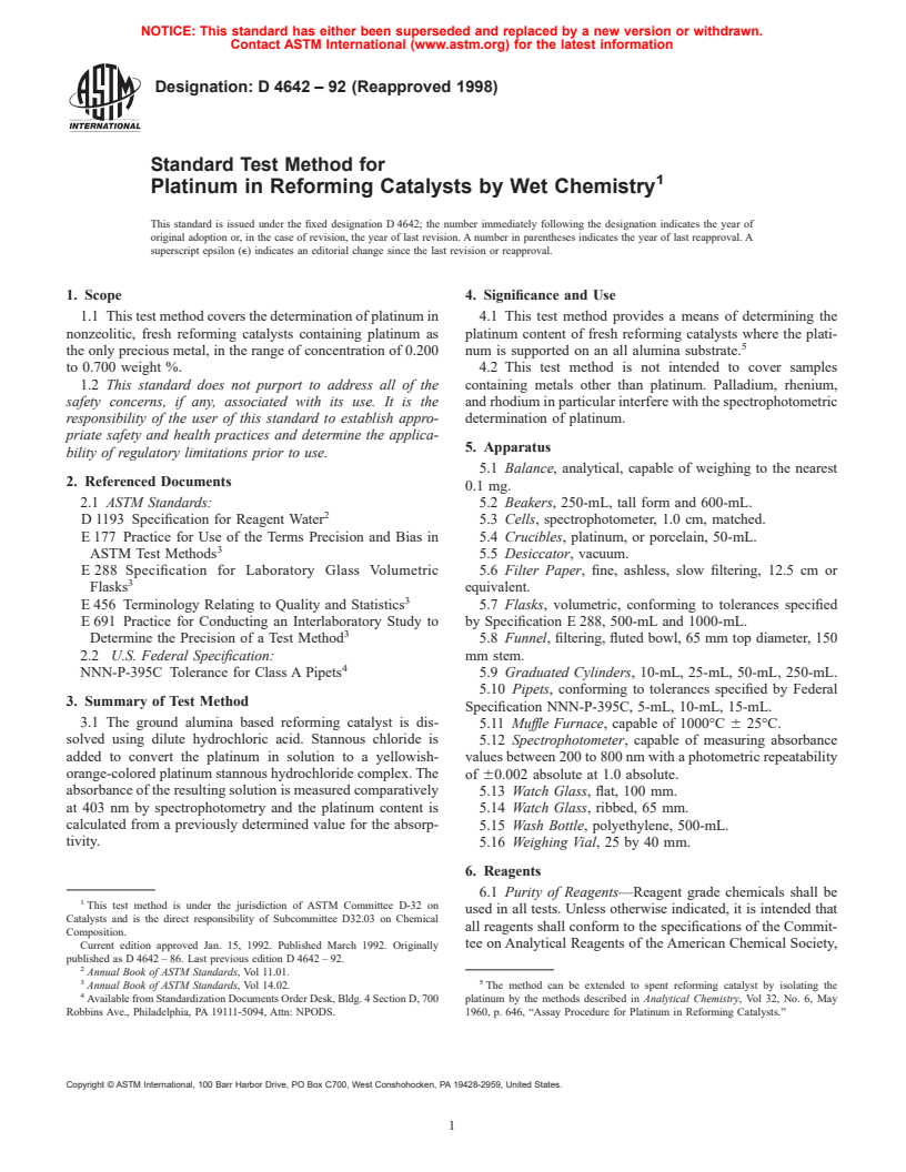 ASTM D4642-92(1998) - Standard Test Method for Platinum in Reforming Catalysts by Wet Chemistry