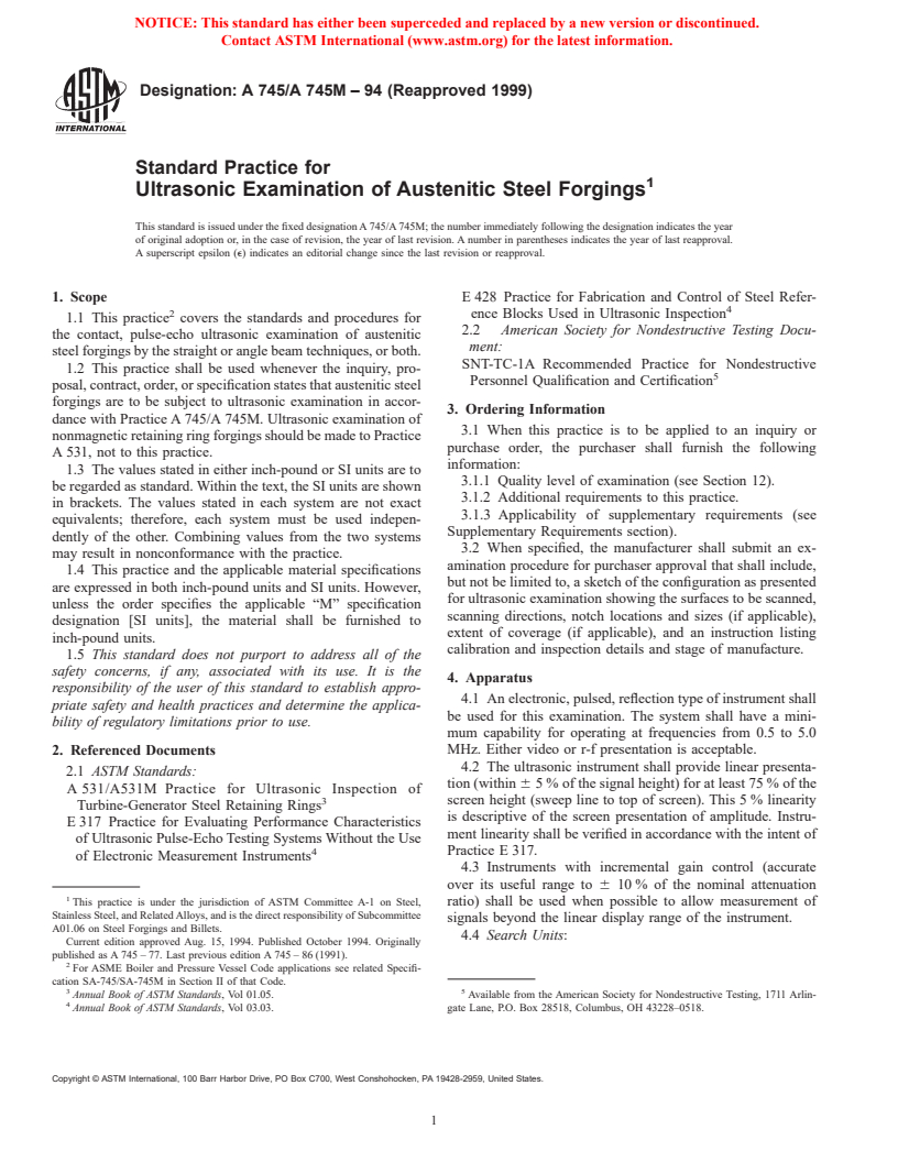 ASTM A745/A745M-94(1999) - Standard Practice for Ultrasonic Examination of Austenitic Steel Forgings