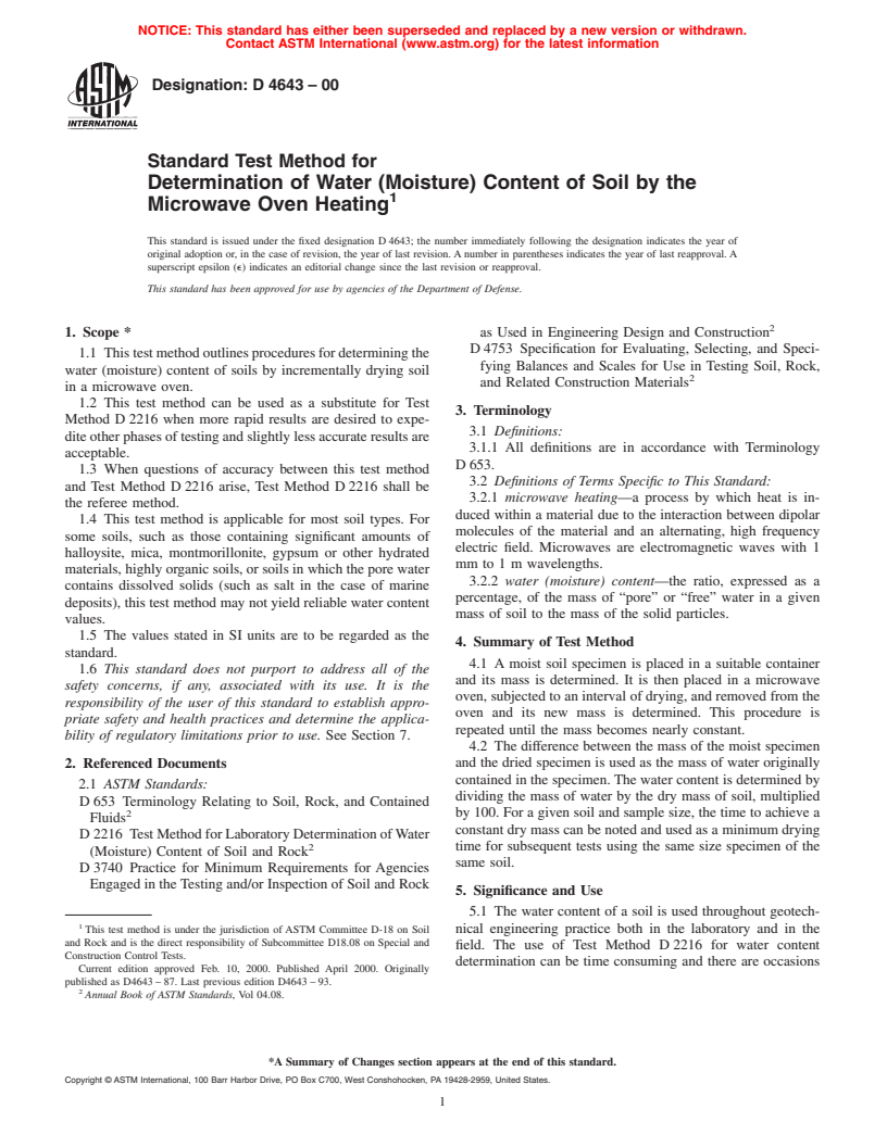 ASTM D4643-00 - Standard Test Method for Determination of Water (Moisture) Content of Soil by the Microwave Oven Method