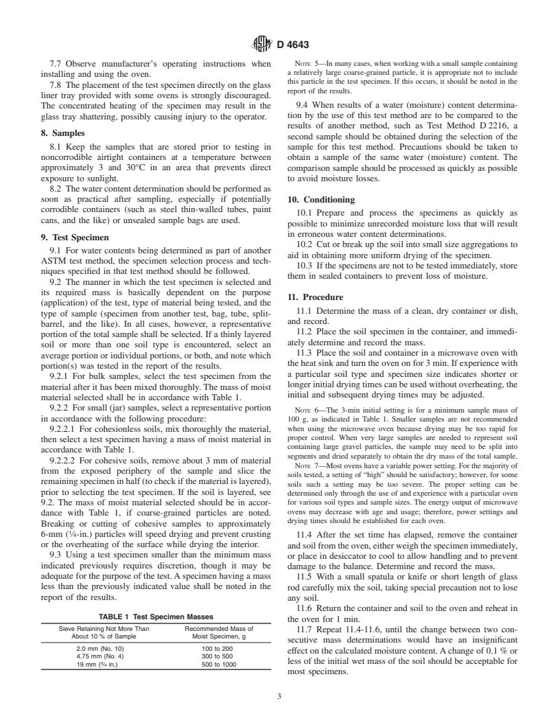 ASTM D4643-00 - Standard Test Method for Determination of Water (Moisture) Content of Soil by the Microwave Oven Method