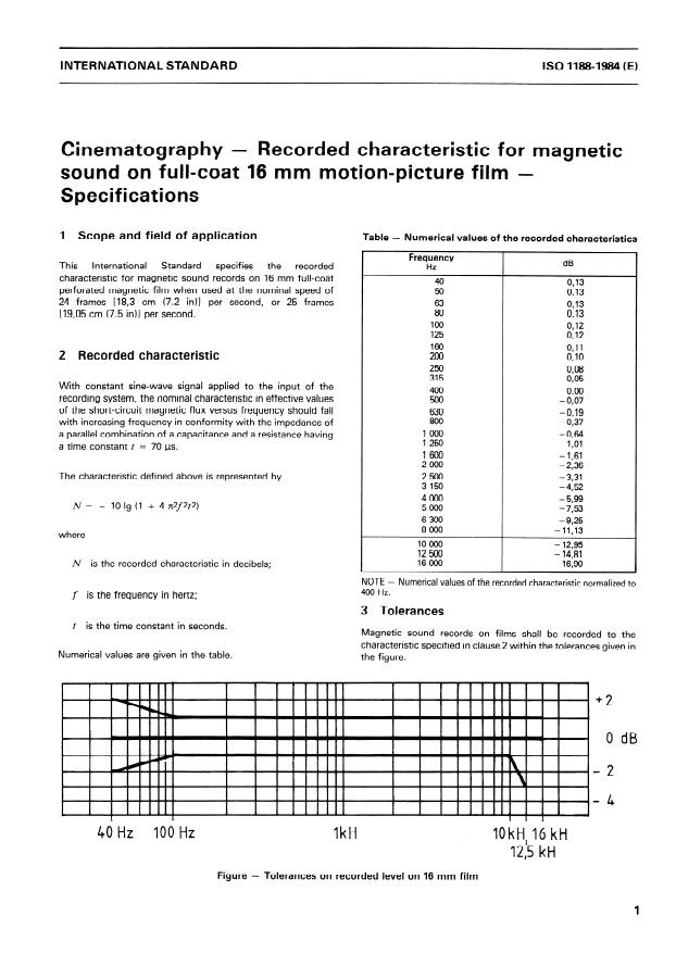 ISO 1188:1984 - Cinematography -- Recorded characteristic for magnetic sound on full-coat 16 mm motion-picture film -- Specifications