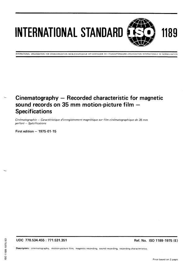 ISO 1189:1975 - Cinematography -- Recorded characteristic for magnetic sound records on 35 mm motion-picture film -- Specifications
