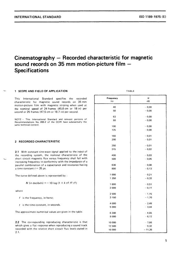 ISO 1189:1975 - Cinematography -- Recorded characteristic for magnetic sound records on 35 mm motion-picture film -- Specifications