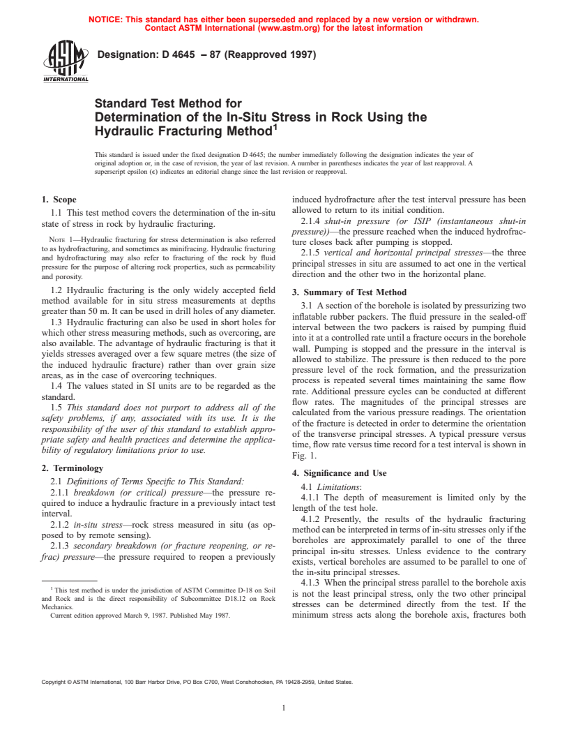 ASTM D4645-87(1997) - Standard Test Method for Determination of the In-Situ Stress in Rock Using the Hydraulic Fracturing Method