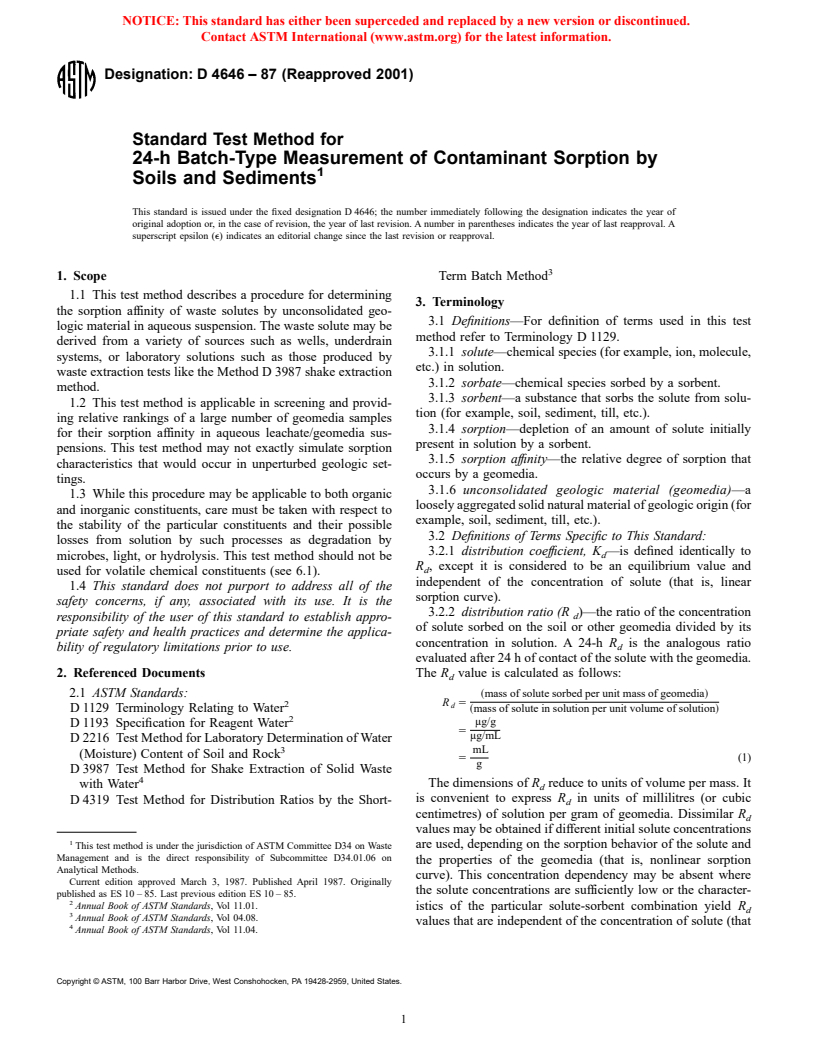 ASTM D4646-87(2001) - Standard Test Method for 24-h Batch-Type Measurement of Contaminant Sorption by Soils and Sediments