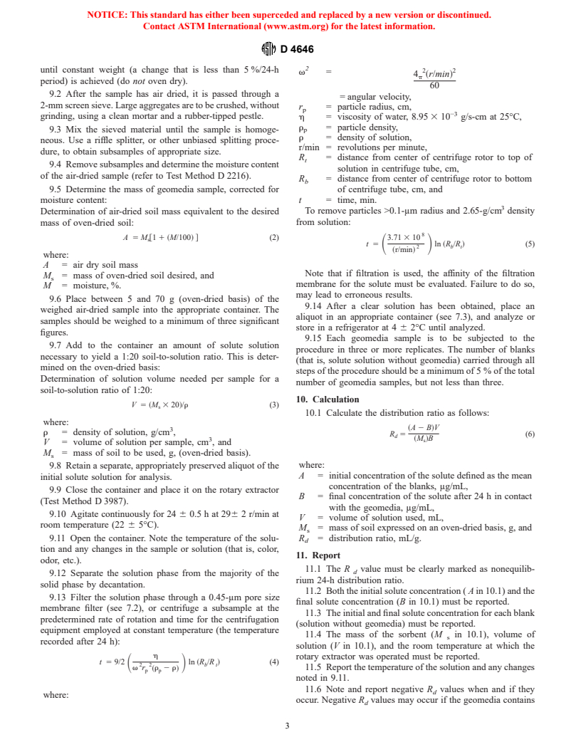 ASTM D4646-87(2001) - Standard Test Method for 24-h Batch-Type Measurement of Contaminant Sorption by Soils and Sediments