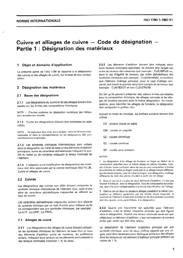 ISO 1190-1:1982 - Cuivre et alliages de cuivre -- Code de désignation