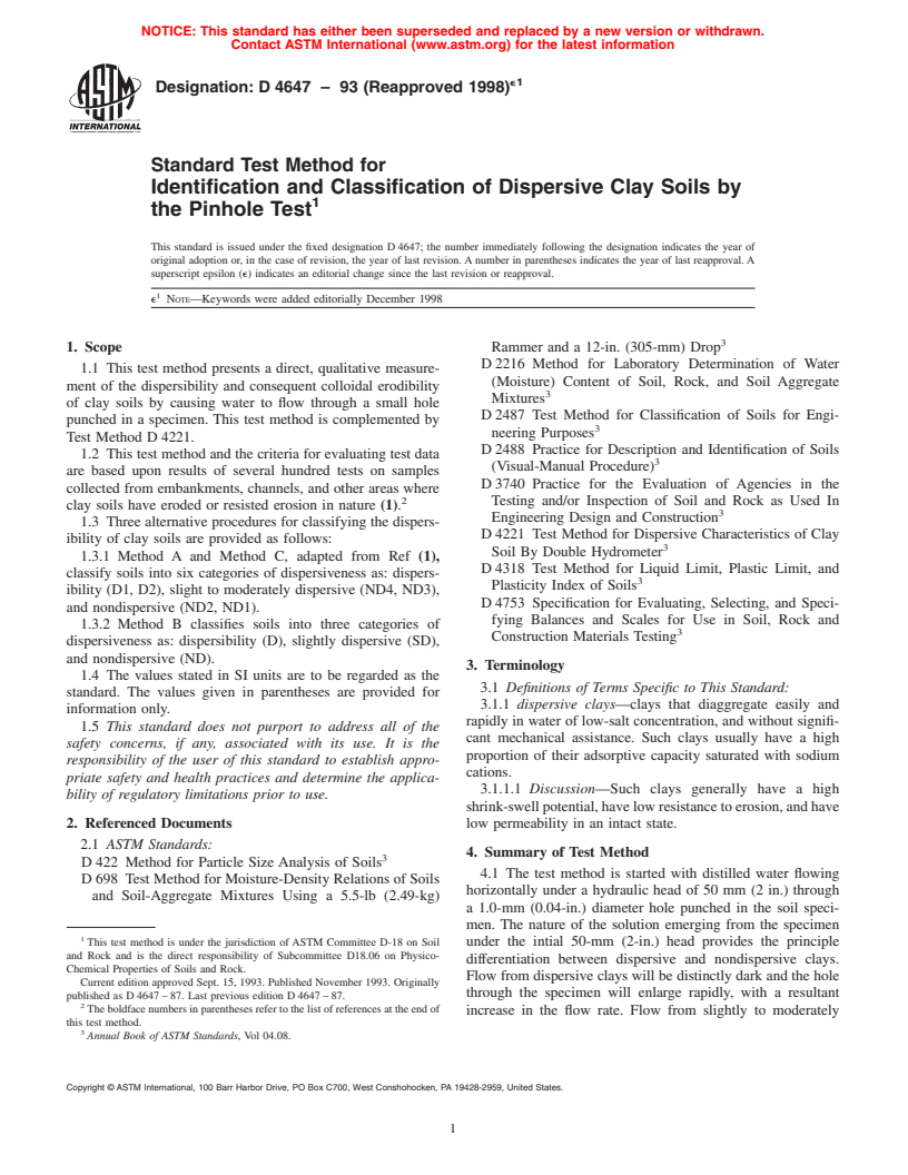 ASTM D4647-93(1998)e1 - Standard Test Method for Identification and Classification of Dispersive Clay Soils by the Pinhole Test