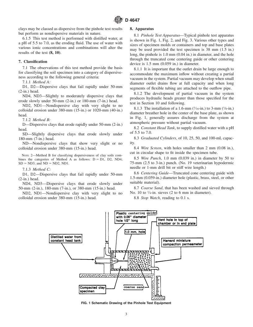 ASTM D4647-93(1998)e1 - Standard Test Method for Identification and Classification of Dispersive Clay Soils by the Pinhole Test