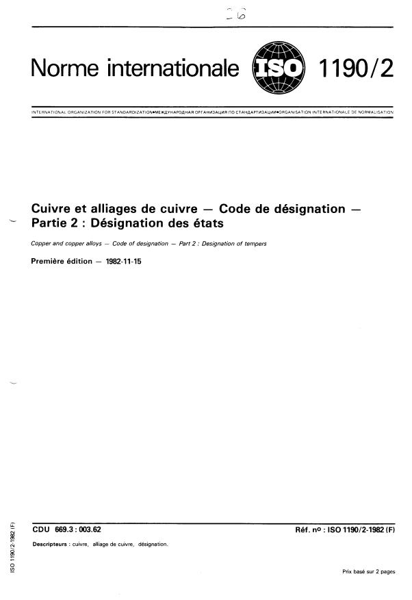 ISO 1190-2:1982 - Cuivre et alliages de cuivre -- Code de désignation