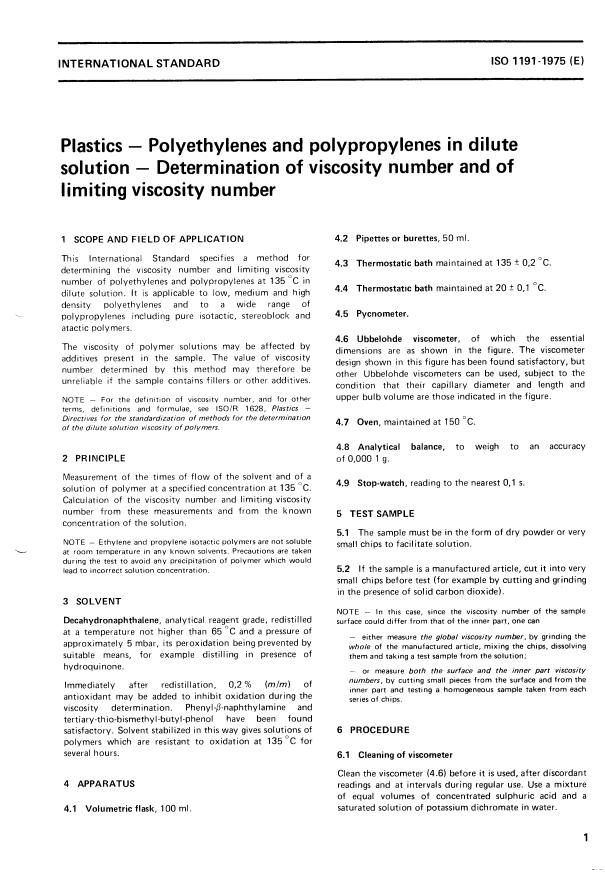 ISO 1191:1975 - Plastics -- Polyethylenes and polypropylenes in dilute solution -- Determination of viscosity number and of limiting viscosity number