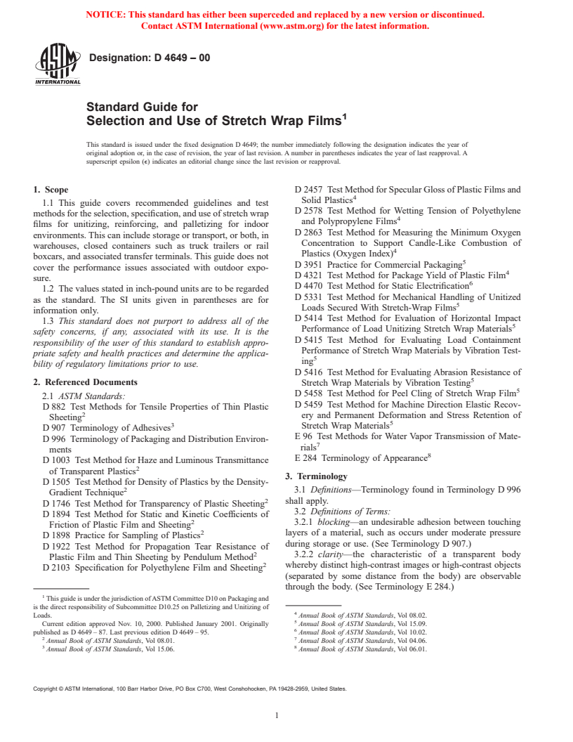 ASTM D4649-00 - Standard Guide for Selection and Use of Stretch Wrap Films