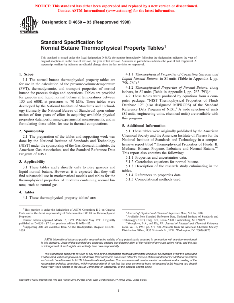 ASTM D4650-93(1998) - Standard Specification for Normal Butane Thermophysical Property Tables