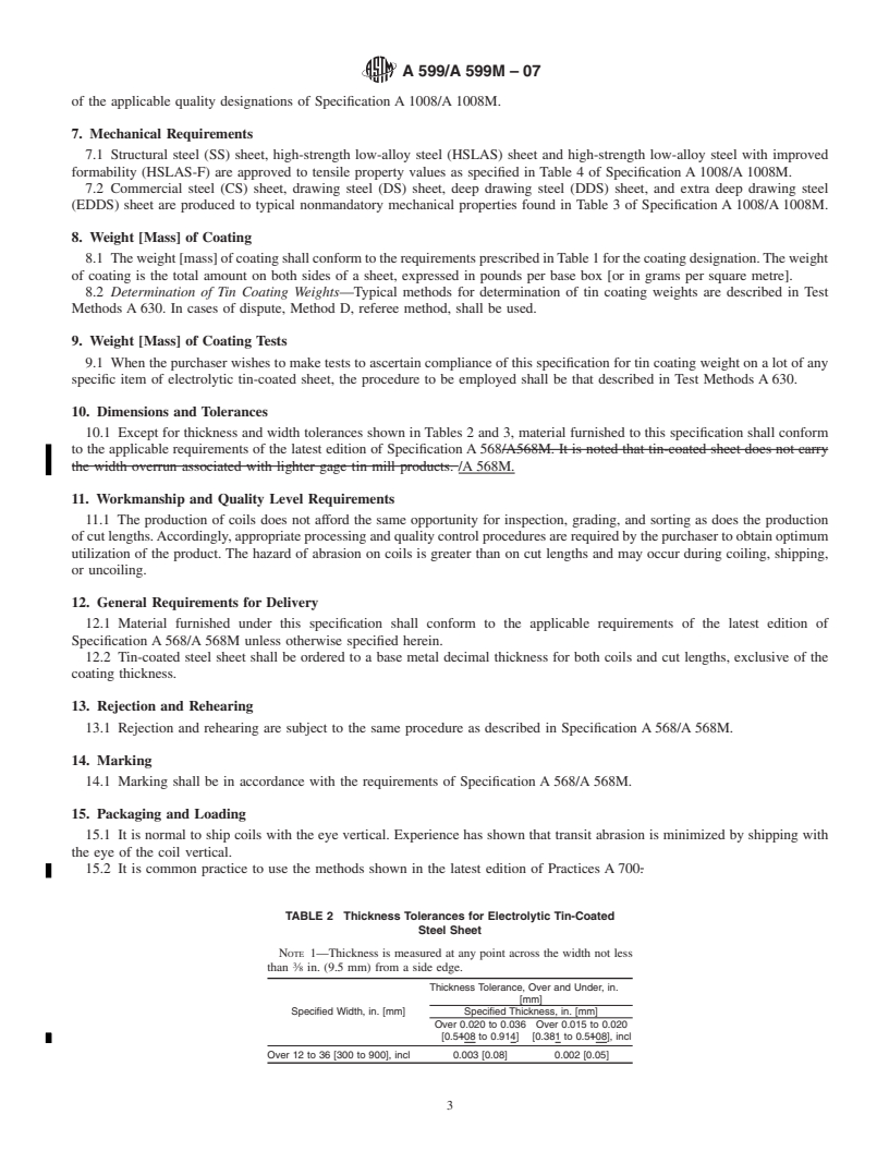 REDLINE ASTM A599/A599M-07 - Standard Specification for Tin Mill Products, Electrolytic Tin-Coated, Cold-Rolled Sheet