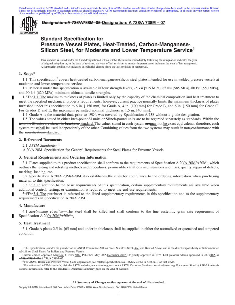 REDLINE ASTM A738/A738M-07 - Standard Specification for Pressure Vessel Plates, Heat-Treated, Carbon-Manganese-Silicon Steel, for Moderate and Lower Temperature Service