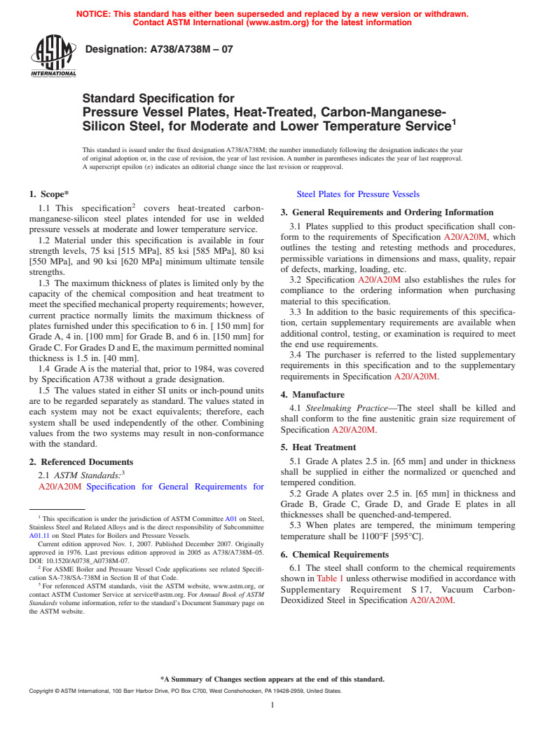 ASTM A738/A738M-07 - Standard Specification for Pressure Vessel Plates, Heat-Treated, Carbon-Manganese-Silicon Steel, for Moderate and Lower Temperature Service
