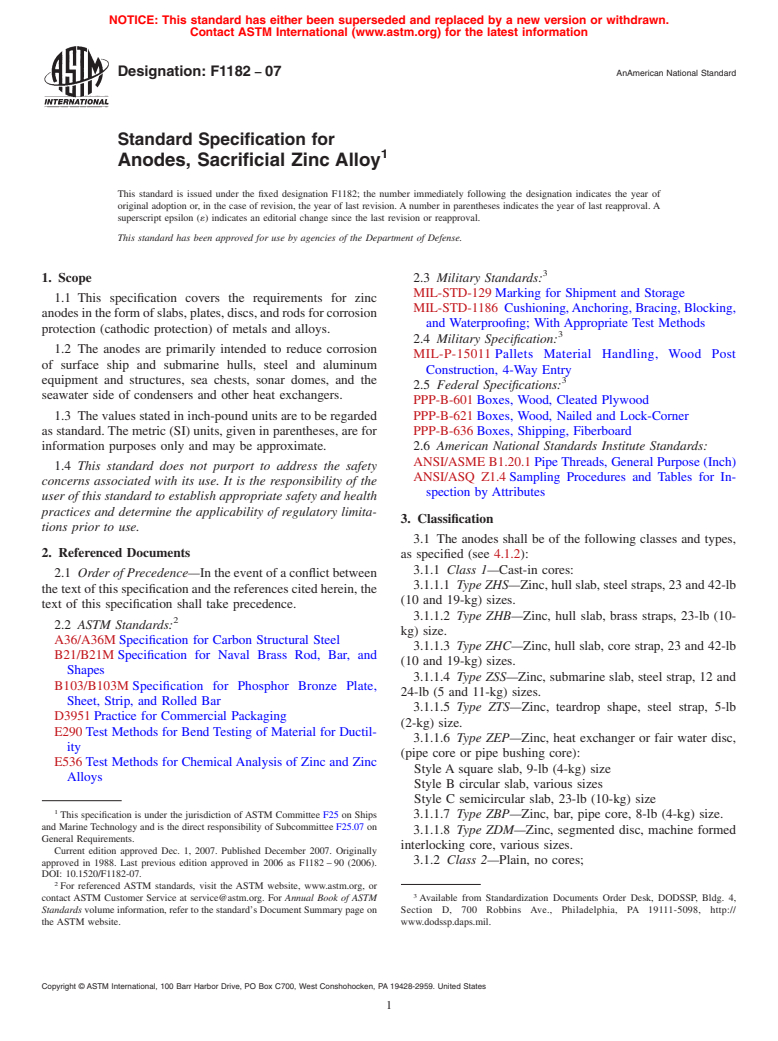 ASTM F1182-07 - Standard Specification for Anodes, Sacrificial Zinc Alloy