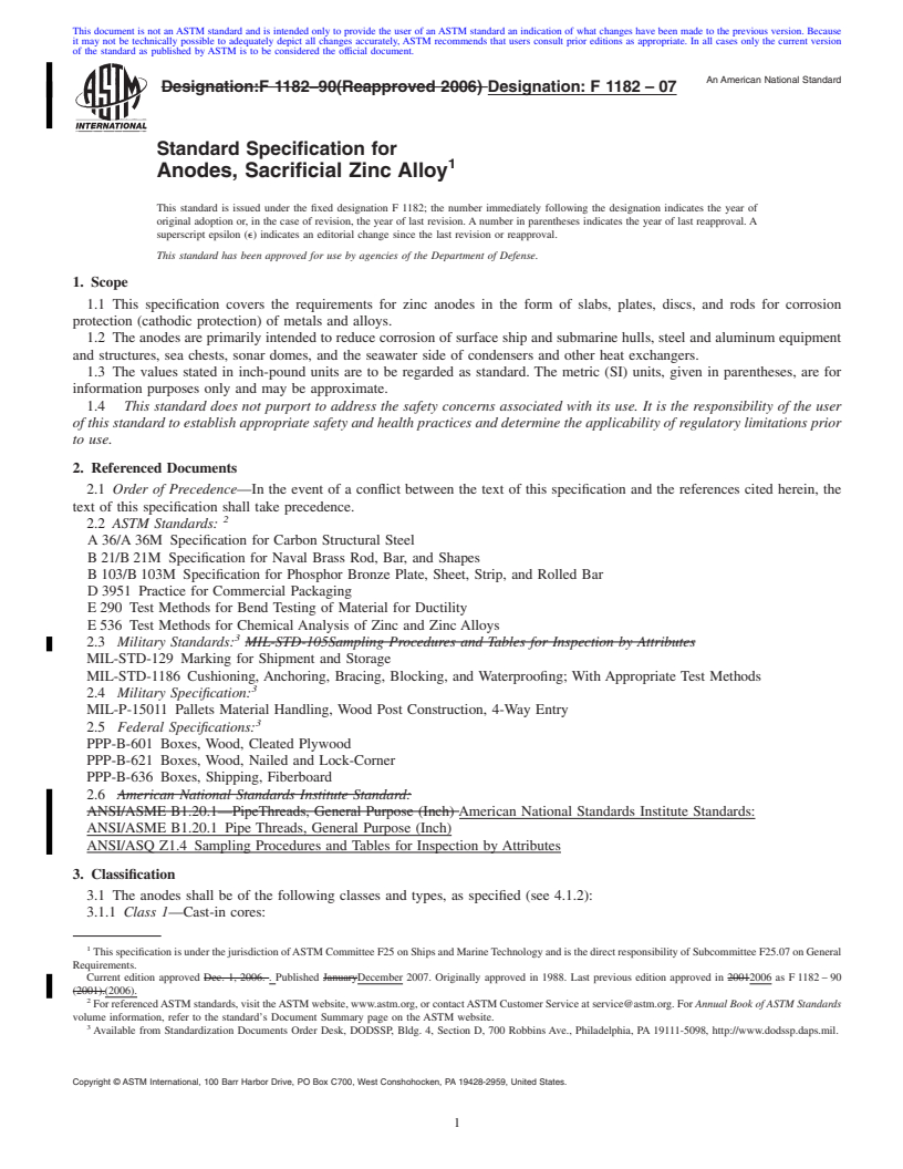 REDLINE ASTM F1182-07 - Standard Specification for Anodes, Sacrificial Zinc Alloy