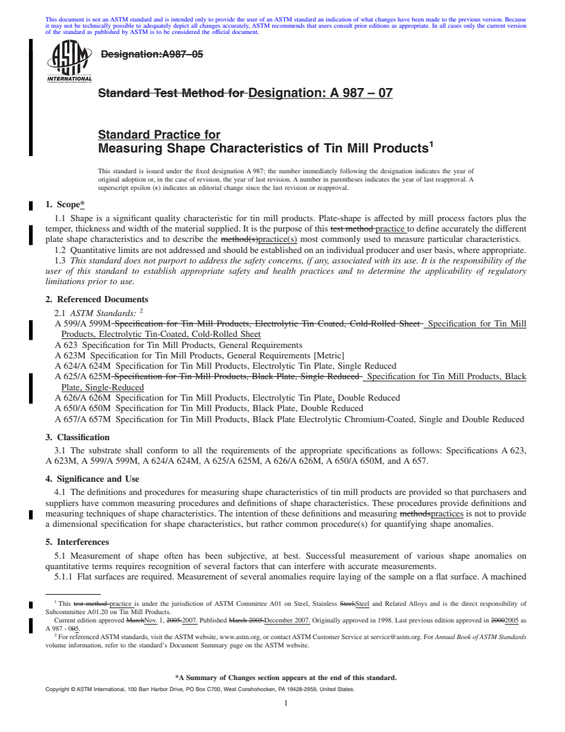 REDLINE ASTM A987-07 - Standard Practice for Measuring Shape Characteristics of Tin Mill Products