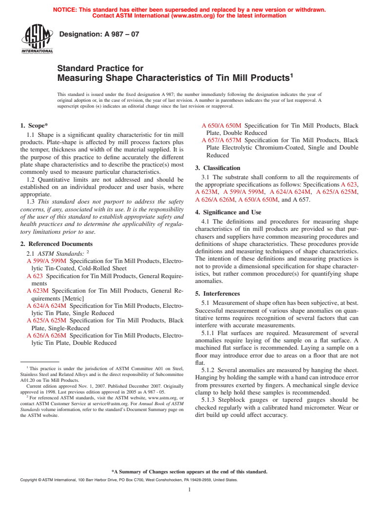 ASTM A987-07 - Standard Practice for Measuring Shape Characteristics of Tin Mill Products