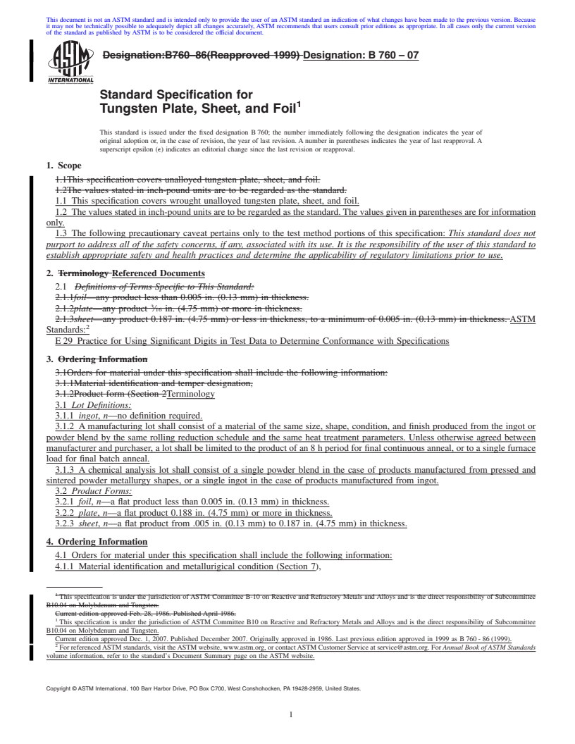 REDLINE ASTM B760-07 - Standard Specification for Tungsten Plate, Sheet, and Foil