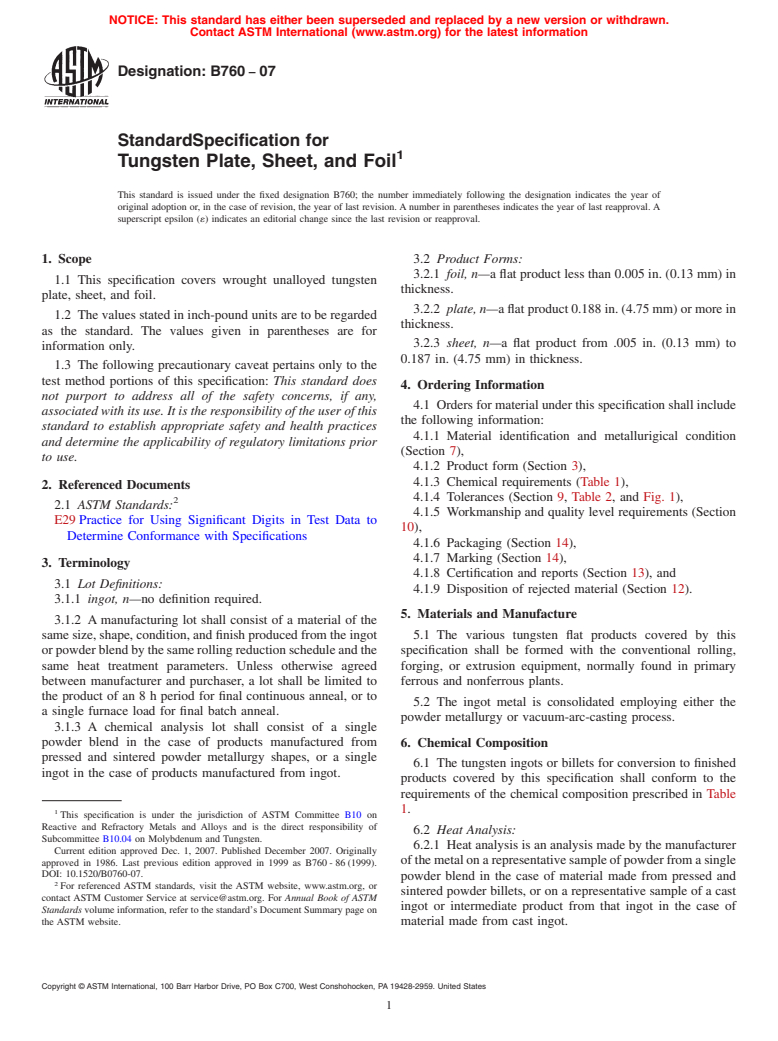 ASTM B760-07 - Standard Specification for Tungsten Plate, Sheet, and Foil