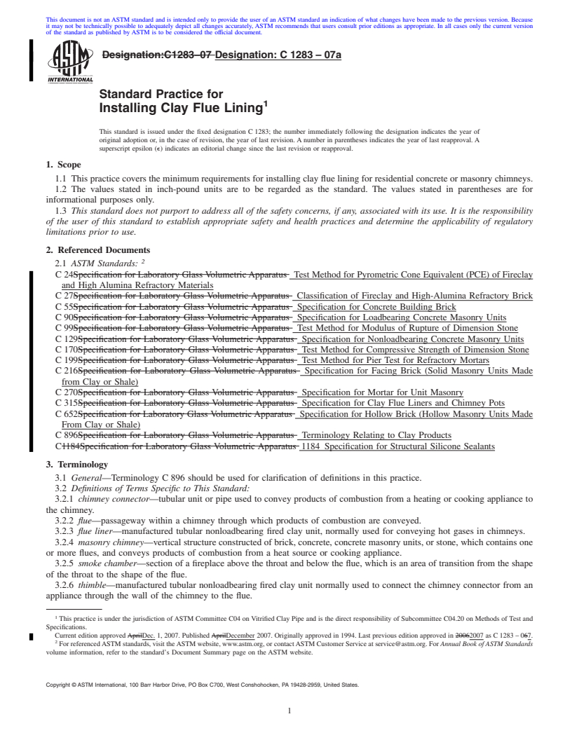 REDLINE ASTM C1283-07a - Standard Practice for Installing Clay Flue Lining