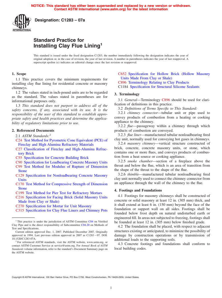 ASTM C1283-07a - Standard Practice for Installing Clay Flue Lining