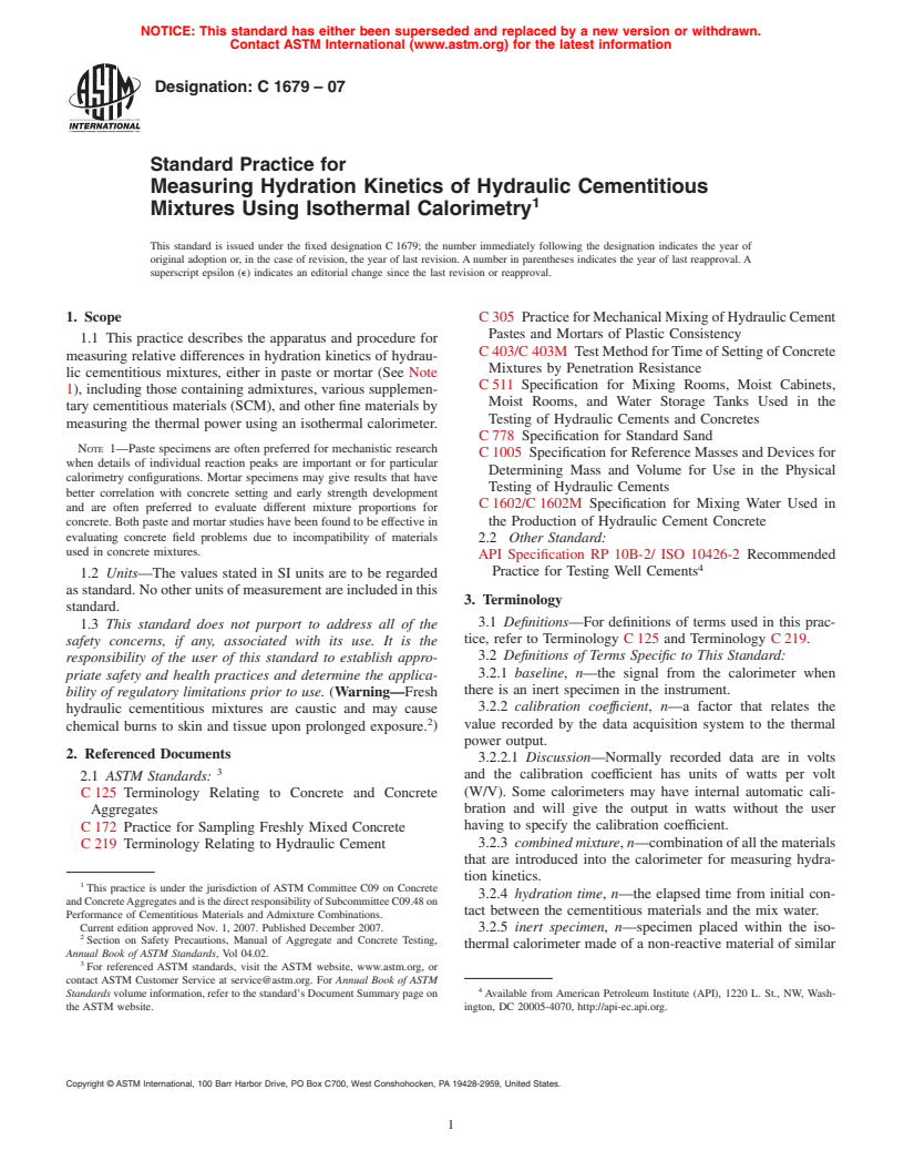 ASTM C1679-07 - Standard Practice for Measuring Hydration Kinetics of Hydraulic Cementitious Mixtures Using Isothermal Calorimetry