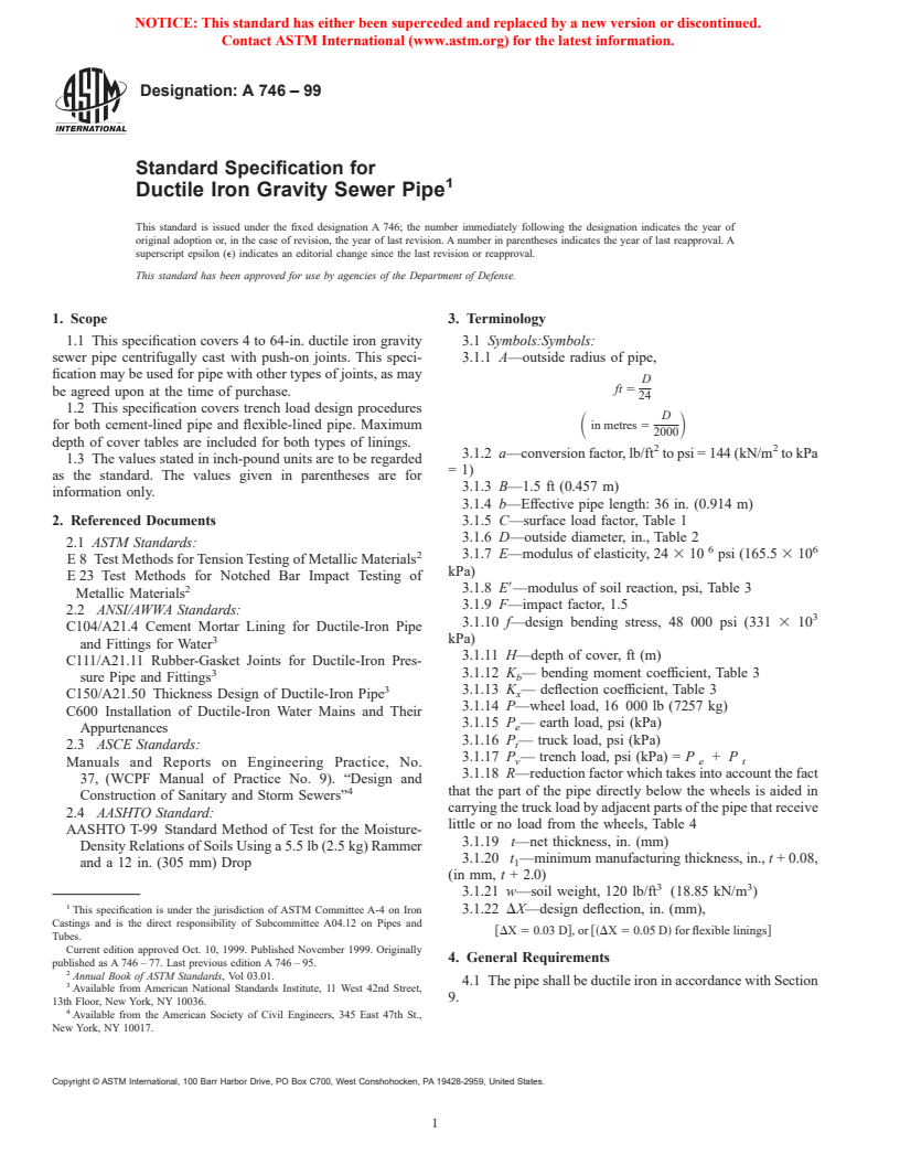 ASTM A746-99 - Standard Specification for Ductile Iron Gravity Sewer Pipe