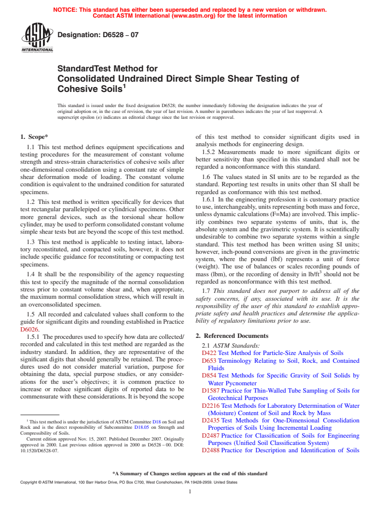 ASTM D6528-07 - Standard Test Method for Consolidated Undrained Direct Simple Shear Testing of Cohesive Soils (Withdrawn 2016)