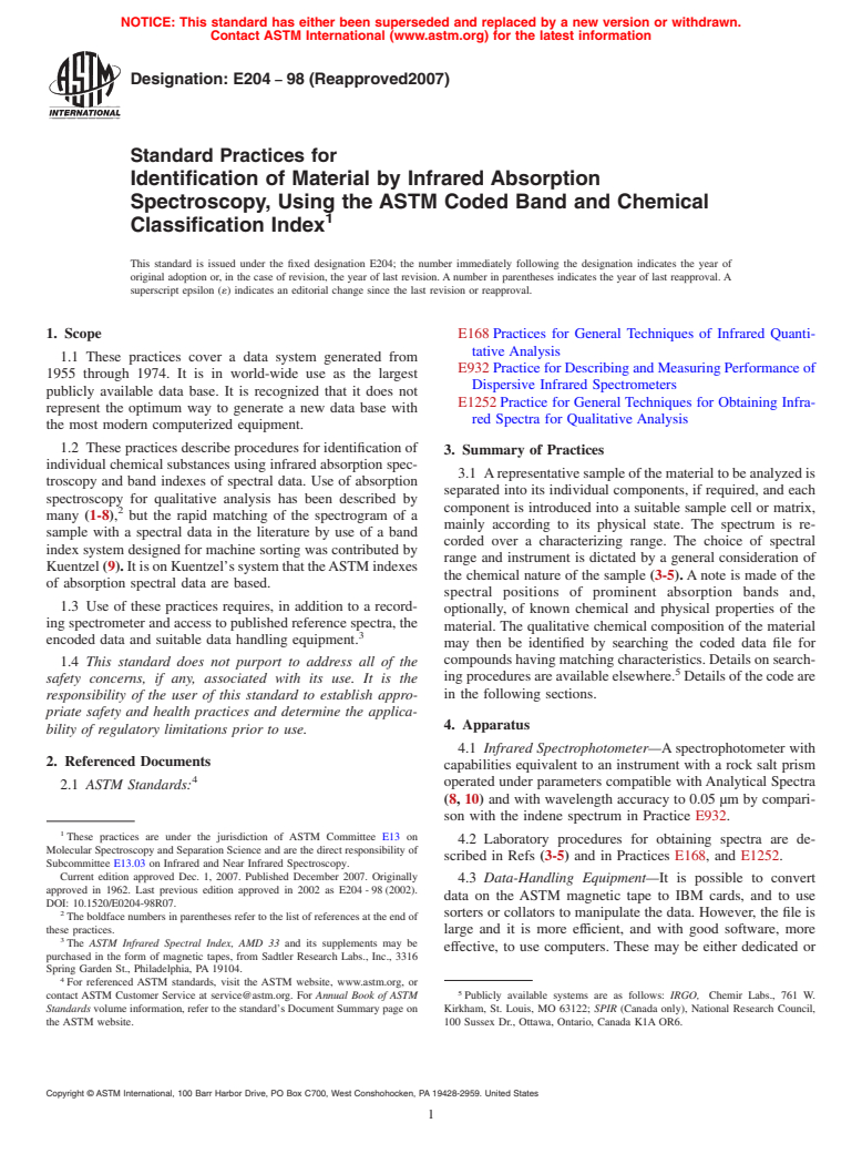 ASTM E204-98(2007) - Standard Practices for Identification of Material by Infrared Absorption Spectroscopy, Using the ASTM Coded Band and Chemical Classification Index (Withdrawn 2014)