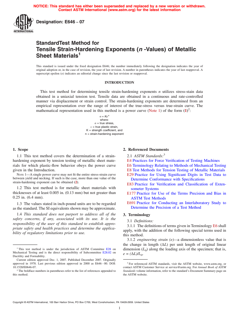 ASTM E646-07 - Standard Test Method for  Tensile Strain-Hardening Exponents (<span class="bdit">n</span> -Values) of Metallic Sheet Materials