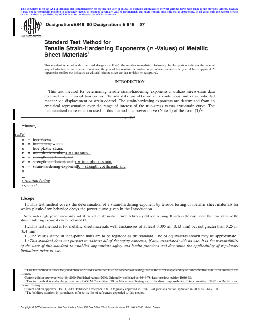 REDLINE ASTM E646-07 - Standard Test Method for  Tensile Strain-Hardening Exponents (<span class="bdit">n</span> -Values) of Metallic Sheet Materials